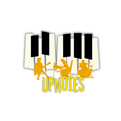 Upnotes Music logo featuring piano keyboard with three musician silhouettes, representing music lessons in Kelowna.