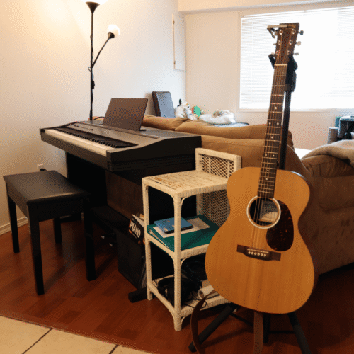 Close-up of a warm, inviting home music studio at Upnotes Music in Kelowna, designed for comfortable and stress-free lessons.