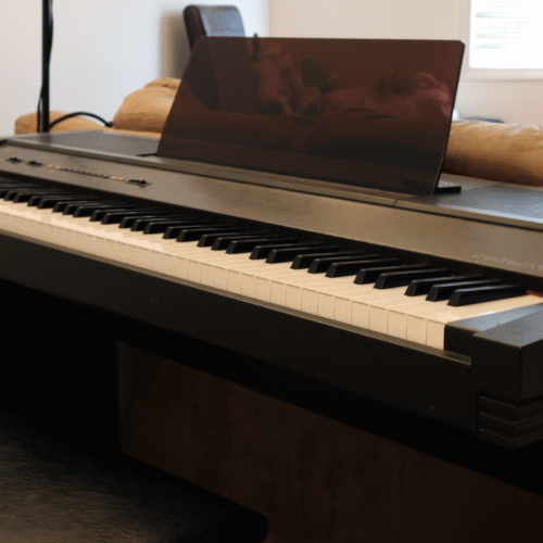A well-maintained upright piano used for beginner and adult piano lessons at Upnotes Music in Kelowna.